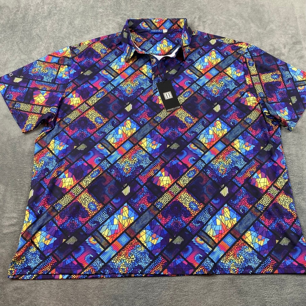 Hreski Mens XXXL Polo Shirt Multicolor Stained Glass Mosaic Print Stretch